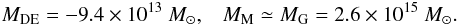\begin{eqnarray} M_{\rm DE} = - 9.4 \times 10^{13}~M_{\odot}, \;\;\; M_{\rm M} \simeq M_{\rm G} = 2.6 \times 10^{15}~M_{\odot}. \end{eqnarray}