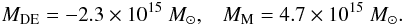 \begin{eqnarray} M_{\rm DE} = - 2.3 \times 10^{15}~M_{\odot}, \;\;\; M_{\rm M} = 4.7 \times 10^{15}~M_{\odot}. \end{eqnarray}