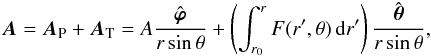 \appendix \setcounter{section}{1} \begin{eqnarray} \bA = \bA_{\rm P} + \bA_{\rm T} = A\frac{{\hat{\bsvph}}}{r\sin\theta} + \left(\int_{r_{0}}^{r}F(r',\theta)\ir'\right)\frac{{\hat{\bsth}}}{r\sin\theta} , \end{eqnarray}