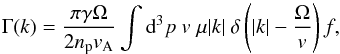 \begin{eqnarray} \Gamma (k) = \frac{\pi \gamma \Omega}{2 n_{\rm p} v_{\rm A}} \int \text{d}^3 p \text{ } v\; \mu |k| \text{ } \delta\left(|k|-\frac{\Omega}{ v}\right) f,\label{eq:growthraterami} \end{eqnarray}