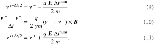 \begin{eqnarray} \vec{v}^{\;t-{\Delta}t/2} & = & \vec{v}^{\;-} - \frac{q \; \vec{E} \; \Delta t^\text{num}}{2 \; m} \\ \frac{\vec{v}^{\;+} - \vec{\;v}^{-}}{{\Delta}t} & =& \frac{q}{2 \; \gamma m} (\vec{v}^{\;+} + \vec{v}^{\;-}) \times \vec{B} \label{eq:boris2}\\ \vec{v}^{\;t+{\Delta}t/2} & =& \vec{v}^{\;+} + \frac{q \; \vec{E} \; \Delta t^\text{num}}{2 \; m}, \end{eqnarray}