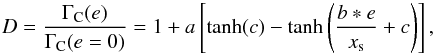 \begin{equation} D = \frac{\Gamma_{\rm C}(e)}{\Gamma_{\rm C} (e=0)} = 1 + a \left[\tanh(c) - \tanh\left(\frac{b * e}{x_{\rm s}}+c\right)\right],\label{eq:eccentricity-influence} \end{equation}