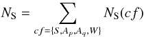 \begin{eqnarray} \label{eq:support} N_{\rm S}=\displaystyle\sum\limits_{cf=\{S,A_p,A_q,W\}}N_{\rm S}(cf) \end{eqnarray}