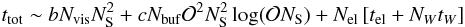 \begin{eqnarray} t_{\rm tot} \sim bN_{\rm vis}N_{\rm S}^2+cN_{\rm buf}\mathcal{O}^2N_{\rm S}^2\log (\mathcal{O}N_{\rm S}) +N_{\rm el} \left[t_{\rm el}+N_Wt_W\right] \end{eqnarray}