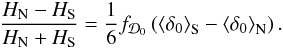 \begin{eqnarray} \frac{H_{\rm N}-H_{\rm S}}{H_{\rm N}+H_{\rm S}}=\frac{1}{6}f_{\cD_{0}}\left(\left\langle \delta_{0} \right\rangle_{\rm S} - \left\langle \delta_{0} \right\rangle_{\rm N} \right).\label{eq:anisofo} \end{eqnarray}