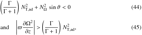 \begin{eqnarray} \label{GSF11} && \left( \frac{\Gamma}{\Gamma+1}\right) \, N^2_{\mathrm{T, ad}}+N^2_{\Omega} \, \sin \vartheta < 0 \\ [2mm] \label{GSF22} && \mathrm{and} \quad \left|\varpi \frac{\partial \Omega^2} {\partial z} \right| > \left( \frac{\Gamma}{\Gamma+1}\right) \, N^2_{\mathrm{T, ad}} , \end{eqnarray}