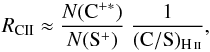 \begin{equation} R_{\rm CII} \approx \frac{N({\rm C}^{+*})}{N({\rm S}^+)}\ \frac{1}{({\rm C/S})_{\rm \ion{H}{II}}}, \end{equation}