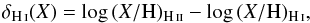 \begin{equation} \delta_{\rm \ion{H}{I}} ({X}) = \log\,(X/{\rm H})_{\rm \ion{H}{II}} - \log\,(X/{\rm H})_{\rm \ion{H}{I}}, \end{equation}