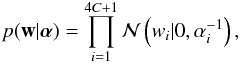 \begin{eqnarray} p({\vec w}|\alphabold) = \prod_{i=1}^{4C+1} \mathcal{N}\left(w_i|0,\alpha_i^{-1}\right), \end{eqnarray}