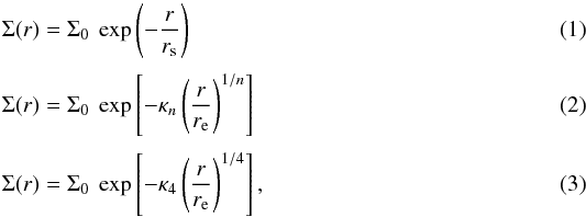 \begin{eqnarray} \label{eq:exp} \Sigma(r)&=&\Sigma_{0}~\exp\left(-\frac{r}{r_{\rm s}}\right) \\[1mm]\label{eq:sersic} \Sigma(r)&=&\Sigma_{0}~\exp\left[-\kappa_{n} \left(\frac{r}{r_{\rm e}}\right)^{1/n}\right] \\[1mm]\label{eq:devauc} \Sigma(r)&=&\Sigma_{0}~\exp\left[-\kappa_{4} \left(\frac{r}{r_{\rm e}}\right)^{1/4}\right] , \end{eqnarray}