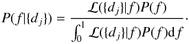 \appendix \setcounter{section}{1} \begin{equation} \label{eq:proba_density} P(f|\{d_j\})=\frac{\mathcal{L}(\{d_j\}|f)P(f)}{\int_0^1\mathcal{L}(\{d_j\}|f)P(f){\rm d}f}\cdot \end{equation}