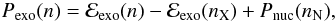 \begin{eqnarray} \label{3} P_{\rm exo}(n)=\mathcal{E}_{\rm exo}(n)-\mathcal{E}_{\rm exo}(n_{\rm X}) + P_{\rm nuc}(n_{\rm N}) , \end{eqnarray}
