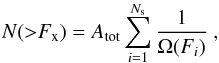 \begin{equation} \label{eq. xlf} N({>}F_{\rm x}) = A_{\rm tot} \sum_{i=1}^{N_{\rm s}} \frac{1}{\Omega(F_i)} \mbox{ ,} \end{equation}