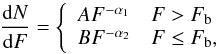 \begin{equation} \label{eq xlf cappelluti09} \frac{{\rm d}N}{{\rm d}F} = \left\{ \begin{array}{rl} AF^{-\alpha_1} & F > F_{\rm b} \\ BF^{-\alpha_2} & F \leq F_{\rm b} , \end{array} \right. \end{equation}