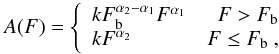 \begin{equation} \label{eq bpo fit} A(F) = \left\{ \begin{array}{lr} kF_{\rm b}^{\alpha_2 - \alpha_1} F^{\alpha_1} & F > F_{\rm b} \\ kF^{\alpha_2} & F \leq F_{\rm b} \mbox{ ,} \end{array} \right. \end{equation}