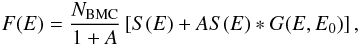 \begin{eqnarray} \label{eq:bmc} F(E)=\frac{N_{\rm BMC}}{1+A}\left[ S(E) + A S(E) \ast G(E,E_0)\right], \end{eqnarray}