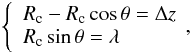 \begin{eqnarray} \left\{ \begin{array}{l} R_{\rm c} - R_{\rm c}\cos{\theta} = \Delta z\\ R_{\rm c}\sin{\theta} = \lambda \end{array} \right.\!\!, \end{eqnarray}