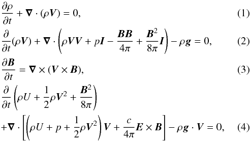\begin{eqnarray} && \frac{\partial\rho}{\partial t} + \bm{\nabla} \cdot(\rho\bm{V})=0, \\ && \frac{\partial}{\partial t} (\rho\bm{V}) + \bm{\nabla}\cdot \left( \rho\bm{V}\bm{V} +p\bm{I} -\frac{\bm{BB}}{4\pi} +\frac{\bm{B}^{2}}{8\pi}\bm{I} \right) -\rho\bm{g}=0, \\ && \frac{\partial\bm{B}} {\partial t} = \bm{\nabla} \times (\bm{V}\times\bm{B}), \\ &&\frac{\partial}{\partial t} \left( \rho U + \frac{1}{2}\rho\bm{V}^{2} + \frac{\bm{B}^{2}}{8\pi} \right) \nonumber \\ &&+\bm{\nabla}\cdot \left[ \left( \rho U + p + \frac{1}{2}\rho\bm{V}^{2} \right) \bm{V} + \frac{c}{4\pi} \bm{E}\times\bm{B} \right] -\rho\bm{g}\cdot\bm{V} =0, \end{eqnarray}