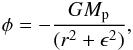 \begin{eqnarray} \label{eq1} \phi=-\frac{GM_{\rm p}}{(r^2+\epsilon ^{2})}, \end{eqnarray}