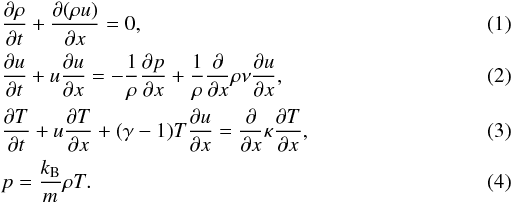 \begin{eqnarray} \label{eq:2.1} && \frac{\partial\rho}{\partial t} + \frac{\partial(\rho u)}{\partial x} = 0, \\ \label{eq:2.2} && \frac{\partial u}{\partial t} + u\frac{\partial u}{\partial x} = -\frac1\rho\frac{\partial p}{\partial x} + \frac1\rho\frac{\partial}{\partial x}\rho\nu\frac{\partial u}{\partial x}, \\ \label{eq:2.3} && \frac{\partial T}{\partial t} + u\frac{\partial T}{\partial x} + (\gamma-1)T\frac{\partial u}{\partial x} = \frac{\partial}{\partial x}\kappa\frac{\partial T}{\partial x}, \\ \label{eq:2.4} && p = \frac{k_{\rm B}}m\rho T. \end{eqnarray}