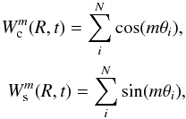 \begin{eqnarray} W_{\rm c}^m(R,t) = \sum_i^N{\cos (m\theta_i)}, \nonumber \\ W_{\rm s}^m(R,t) = \sum_i^N{\sin (m\theta_i)}, \label{W(t)} \end{eqnarray}