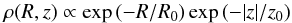\begin{equation} \rho(R,z) \propto \exp{(-R/R_0)} \exp{(-|z|/z_0)} \label{eq:expspatial} \end{equation}