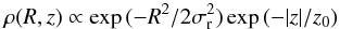 \begin{equation} \rho(R,z) \propto \exp{(-R^2/2\sigma_{\rm r}^2)} \exp{(-|z|/z_0)} \label{eq:gaussspatial} \end{equation}