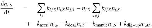 \begin{eqnarray} \label{rateS} \frac{\mathrm{d}n_{i,S}}{\mathrm{d}t} &=& \sum^{}_{lj}k_{lj,S}n_{l,S}n_{j,S}- n_{i,S}\sum^{}_{i \neq j}k_{ij,S}n_{i,S} \nonumber\\ &\quad+& k_{{\rm accr},i}n_{i,g} - k_{{\rm des},i}n_{i,S} - k_{\rm mantle}n_{i,S} + k_{{\rm dig-up}}n_{i,M}. \end{eqnarray}