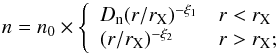 \begin{equation} n=n_0 \times \left\{ \begin{array}{ll} D_{\rm n}(r/r_{\rm X})^{-\xi_1}& r<r_{\rm X} \\ (r/r_{\rm X})^{-\xi_2} &r>r_{\rm X};\\ \end{array} \right. \label{eq:shock_ne} \end{equation}