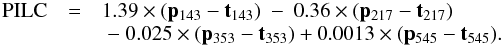 \begin{equation} \begin{array}{ccl} {\rm PILC} & = & 1.39 \times (\vec{p}_{143} - \vec{t}_{143}) \ - \ 0.36 \times (\vec{p}_{217} - \vec{t}_{217}) \\ & & \ - \ 0.025 \times (\vec{p}_{353} - \vec{t}_{353}) + 0.0013 \times (\vec{p}_{545} - \vec{t}_{545}). \end{array} \end{equation}