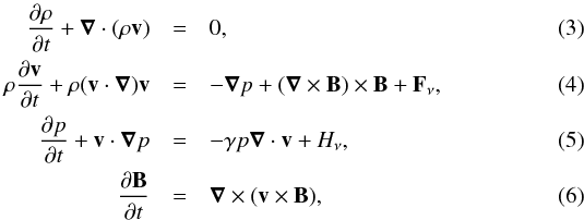 \begin{eqnarray} \frac{\partial \rho}{\partial t}+\boldnabla\cdot(\rho\vec{v}) &=& 0 ,\label{n_mass}\\ \rho\frac{\partial\vec{v}}{\partial t}+\rho(\vec{v}\cdot\boldnabla)\vec{v} &=& -\boldnabla p + (\boldnabla\times\vec{B})\times\vec{B} + \vec{F}_{\nu} ,\label{n_motion}\\ \frac{\partial p}{\partial t}+\vec{v}\cdot\boldnabla p &=& -\gamma p \boldnabla\cdot\vec{v}+H_{\nu} ,\label{n_energy}\\ \frac{\partial\vec{B}}{\partial t} &=& \boldnabla\times(\vec{v}\times\vec{B}) ,\label{n_induction} \end{eqnarray}