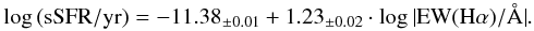 \begin{equation} {\rm log}\,({\rm sSFR/yr}) = -11.38_{\pm 0.01} + 1.23_{\pm 0.02} \cdot {\rm log\,|EW(H\alpha)/\AA|}. \end{equation}