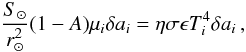 \appendix \setcounter{section}{1} \begin{equation} \frac{S_\odot}{r^2_\odot}(1-A)\mu_i\delta a_i = \eta\sigma\epsilon T_i^4\delta a_i\,, \label{ec:model_thermo} \end{equation}