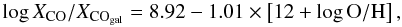 \begin{equation} \label{eqn:boselli2002a} \log X_{\rm CO}/X_{\rm{CO}_{gal}}=8.92-1.01\times\left[12+\log {\rm O/H}\right], \end{equation}
