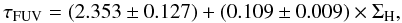 \appendix \setcounter{section}{1} \begin{equation} \tau_{\rm FUV}=\left(2.353\pm0.127\right)+\left(0.109\pm0.009\right)\times\Sigma_{\rm H}, \end{equation}