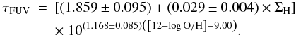 \appendix \setcounter{section}{1} \begin{eqnarray} \tau_{\rm FUV}&=&\left[\left(1.859\pm0.095\right)+\left(0.029\pm0.004\right)\times \Sigma_{\rm H}\right]\notag\\ && \times~10^{\left(1.168\pm0.085\right)\left(\left[12+\log \rm O/H\right]-9.00\right)}. \end{eqnarray}