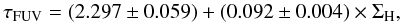 \appendix \setcounter{section}{2} \begin{equation} \tau_{\rm FUV}=\left(2.297\pm0.059\right)+\left(0.092\pm0.004\right)\times\Sigma_{\rm H}, \end{equation}