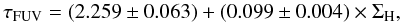\appendix \setcounter{section}{4} \begin{equation} \tau_{\rm FUV}=\left(2.259\pm0.063\right)+\left(0.099\pm0.004\right)\times\Sigma_{\rm H}, \end{equation}
