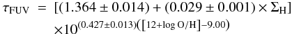 \appendix \setcounter{section}{6} \begin{eqnarray} \tau_{\rm FUV}&=&\left[\left(1.364\pm0.014\right)+\left(0.029\pm0.001\right)\times \Sigma_{\rm H}\right]\notag\\ &&\times10^{\left(0.427\pm0.013\right)\left(\left[12+\log \rm O/H\right]-9.00\right)} \end{eqnarray}