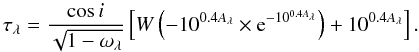 \appendix \setcounter{section}{7} \begin{equation} \tau_\lambda=\frac{\cos i}{\sqrt{1-\omega_\lambda}}\left[W\left(-10^{0.4A_\lambda}\times {\rm e}^{-10^{0.4A_\lambda}}\right)+10^{0.4A_\lambda}\right]. \end{equation}