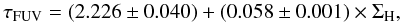 \begin{equation} \tau_{\rm FUV}=\left(2.226\pm0.040\right)+\left(0.058\pm0.001\right)\times \Sigma_{\rm H},\label{eqn:tau-sample-A} \end{equation}