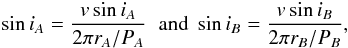 \begin{eqnarray} \label{eq1} \sin i_{A} = \frac{v \sin i_{A}}{2 \pi r_{A} / P_{A}} \; \; \text{and} \; \sin i_{B} = \frac{v \sin i_{B}}{2 \pi r_{B} / P_{B}}, \end{eqnarray}