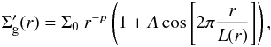 \begin{eqnarray} \Sigma_{\rm g}' (r)= \Sigma_0~r^{-p}\left(1+A\cos\left[2\pi \frac{r}{L(r)}\right]\right), \label{eq:gas_bumpy} \end{eqnarray}