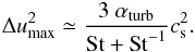 \begin{eqnarray} \Delta u_{\mathrm{max}}^2\simeq \frac{3~\alpha_{\mathrm{turb}}}{\mathrm{St}+\mathrm{St}^{-1}}c_{\rm s}^2. \label{eq:u_turb} \end{eqnarray}