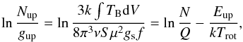\begin{equation} \ln\frac{N_{\rm up}}{g_{\rm up}}=\ln\frac{3k\int T_{\rm B}{\rm d}V}{8\pi^3\nu S\mu^2 g_{\rm s} f}=\ln\frac{N}{Q}-\frac{E_{\rm up}}{kT_{\rm rot}}, \end{equation}