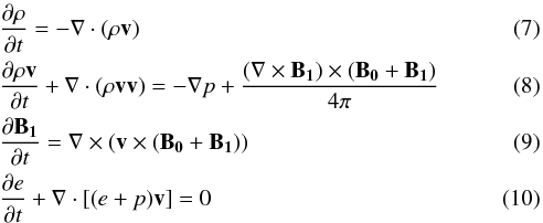 \begin{eqnarray} \label{mass} &&\frac{\partial\rho}{\partial t}=-\vec{\nabla}\cdot(\rho\vec{v}) \\ \label{momentum} &&\frac{\partial\rho\vec{v}}{\partial t}+\vec{\nabla}\cdot(\rho\vec{v}\vec{v})= -\nabla p+\frac{(\vec{\nabla}\times\vec{B_1})\times(\vec{B_0}+\vec{B_1})}{4\pi} \\ \label{induction} &&\frac{\partial\vec{B_1}}{\partial t}=\vec{\nabla}\times(\vec{v}\times(\vec{B_0}+\vec{B_1})) \\ \label{energy} &&\frac{\partial e}{\partial t}+\vec{\nabla}\cdot[(e+p)\vec{v}]=0 \end{eqnarray}