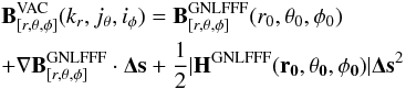 \appendix \setcounter{section}{1} \begin{eqnarray} \label{interpolation} &&\vec{B}^{\rm VAC}_{[r,\theta,\phi]}(k_r,j_{\theta},i_{\phi})=\vec{B}^{\rm GNLFFF}_{[r,\theta,\phi]}(r_0,\theta_0,\phi_0)\notag\\&&+ \nabla\vec{B}^{\rm GNLFFF}_{[r,\theta,\phi]}\cdot\vec{\Delta s} +\frac{1}{2}|{\bf H^{\rm GNLFFF}(\vec{r}_0,\theta_0,\phi_0)}|\vec{\Delta s}^2 \end{eqnarray}