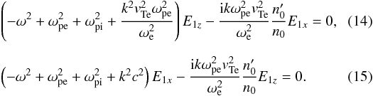 \begin{eqnarray} &&\label{e9}\left( - \omega^2 + \omega_{\rm pe}^2 + \omega_{\rm pi}^2 + \frac{k^2 \vte^2 \omega_{\rm pe}^2}{\omega_{\rm e}^2}\right)E_{1z}-\frac{{\rm i} k \omega_{\rm pe}^2\vte^2}{\omega_{\rm e}^2}\frac{n_0'}{n_0} E_{1x}=0, ~~~~~~~~~\\[2mm] &&\label{e10}\left( - \omega^2 + \omega_{\rm pe}^2 + \omega_{\rm pi}^2 + k^2 c^2\right)E_{1x}- \frac{{\rm i} k \omega_{\rm pe}^2\vte^2}{\omega_{\rm e}^2}\frac{n_0'}{n_0} E_{1z}=0. \end{eqnarray}