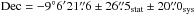 \hbox{$\mathrm{Dec}=-9^\circ6\arcmin21\farcs6\pm26\farcs5_{\mathrm{stat}}\pm20\farcs0_{\mathrm{sys}}$}