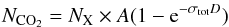 \begin{equation} N_{\rm CO_2}=N_{\rm X} \times A (1-{\rm e}^{- \sigma_{\rm tot} D}) \end{equation}